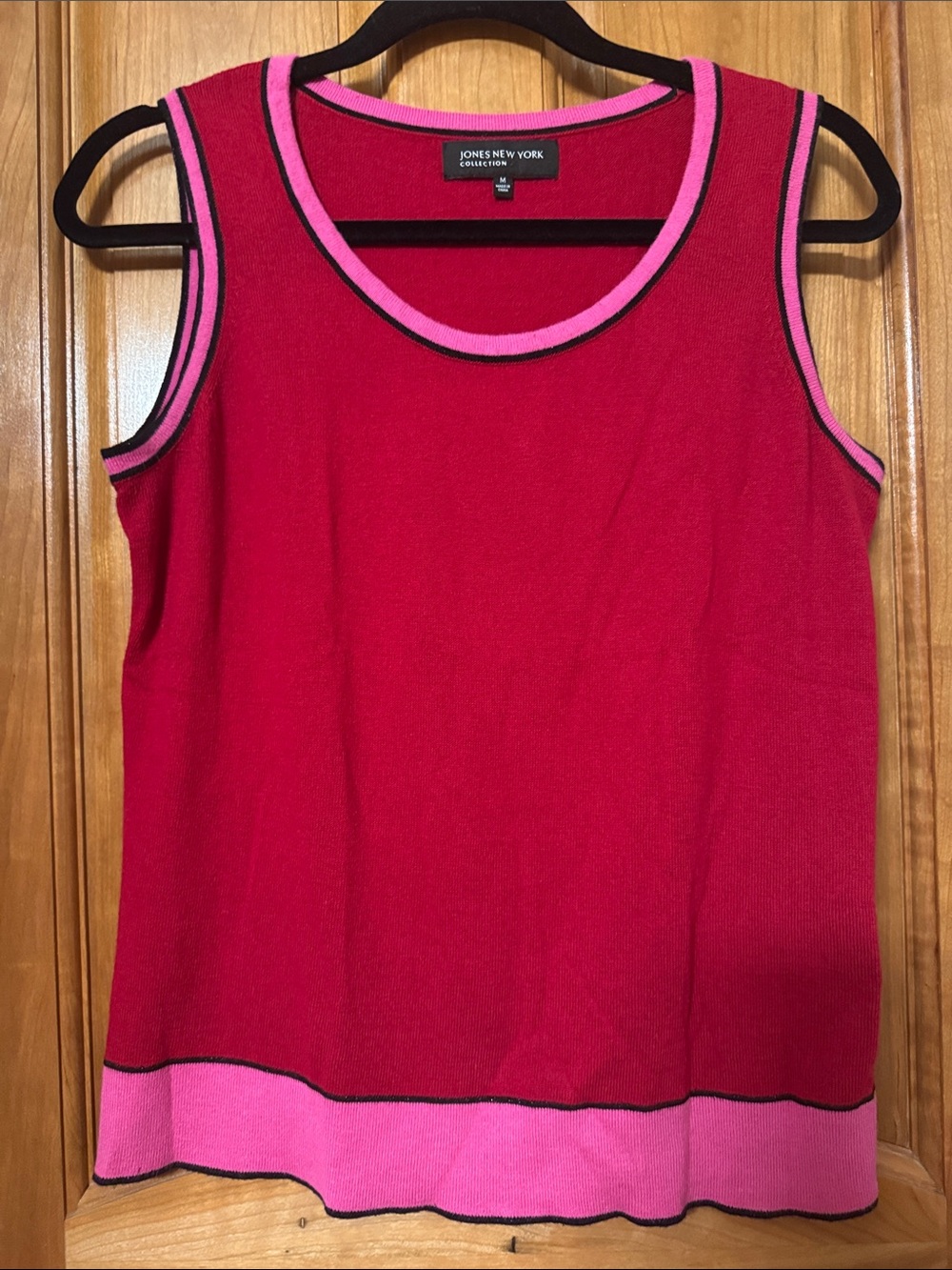 Jones New York Red Knit Sleeveless Sweater Tank with Pink & Black Trim EUC